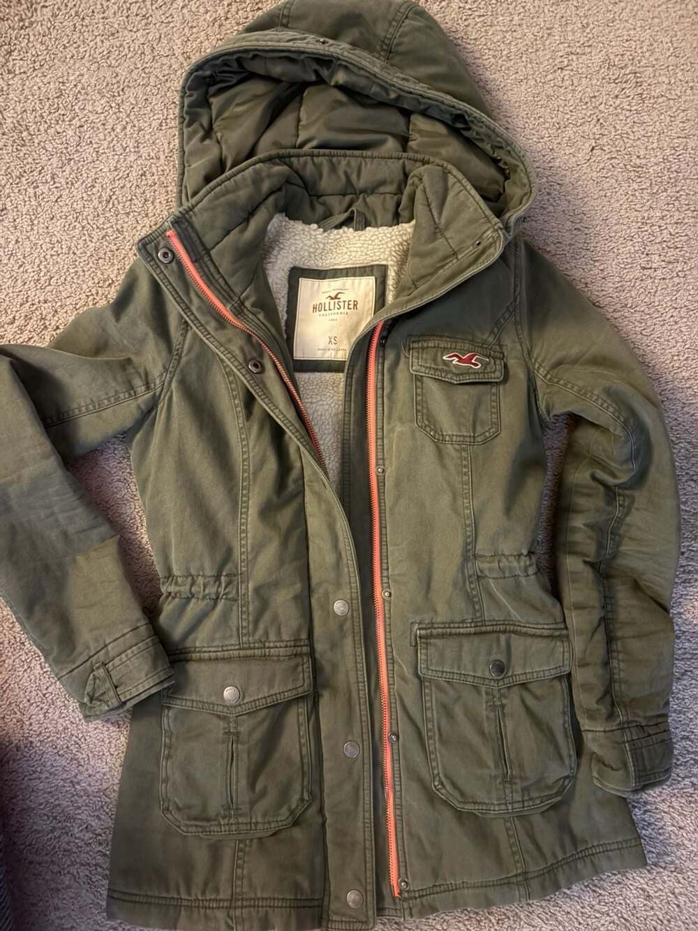 Hollister Army Green Sherpa Lined Hooded Jacket XS